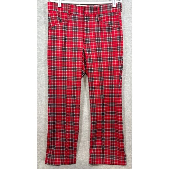 Vtg 70s Sears Kings Road Plaid Red‎ Trousers Pants 34x29  Mens - Picture 1 of 5